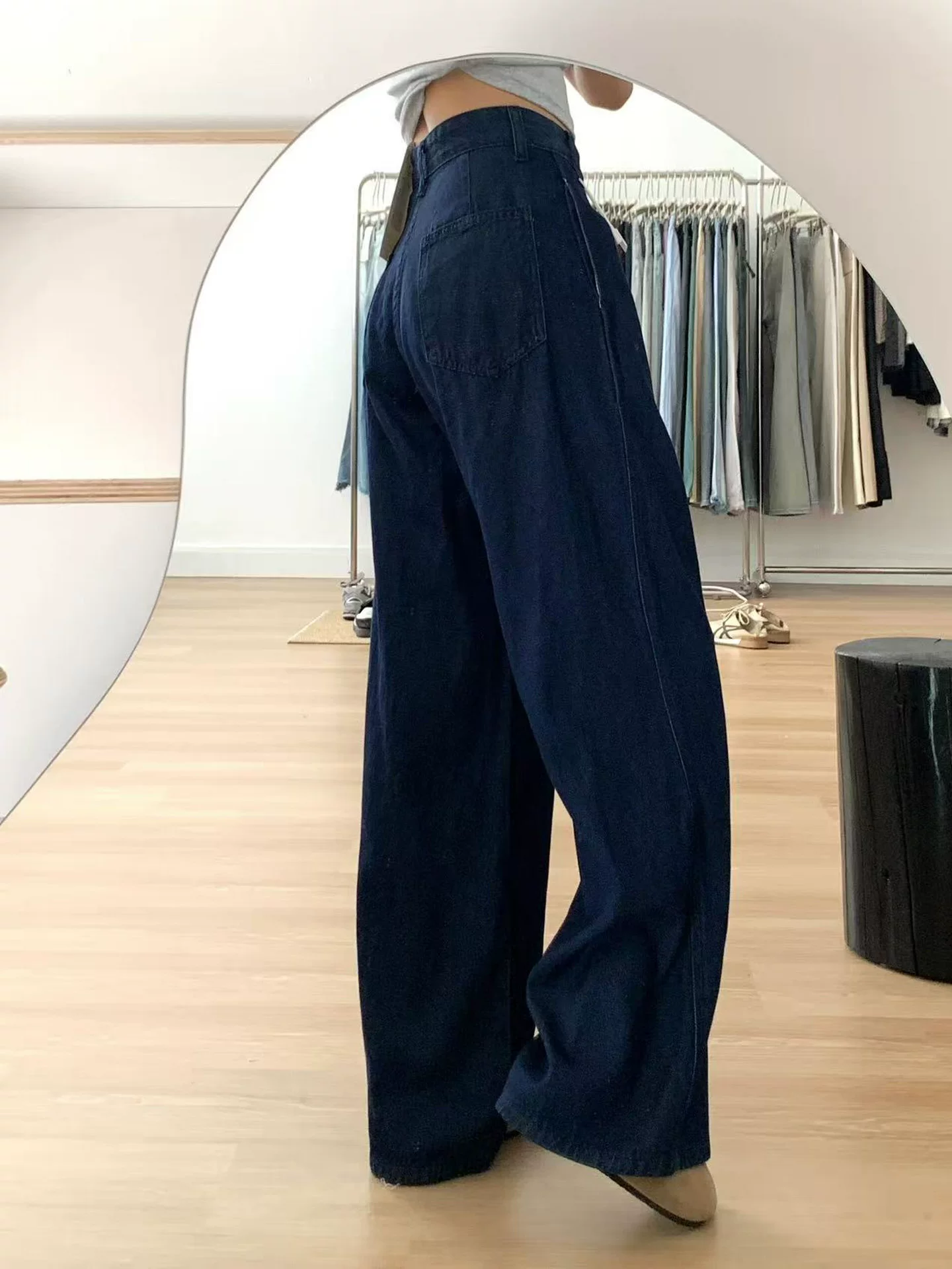 Quần jean ống đứng màu xanh đậm cổ điển dành cho nữ, kiểu dáng mỏng mùa hè, cỡ lớn, lưng cao, dáng suôn, che hông, quần ống rộng giúp thon gọn