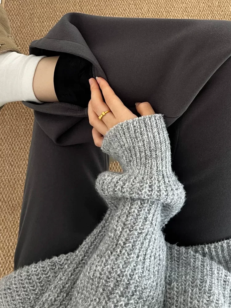 Quần âu ống loe dày lót lông cừu dành cho nữ, phong cách thu đông, cỡ lớn, cạp cao, che hông, giảm béo, quần thể thao không bó sát.
