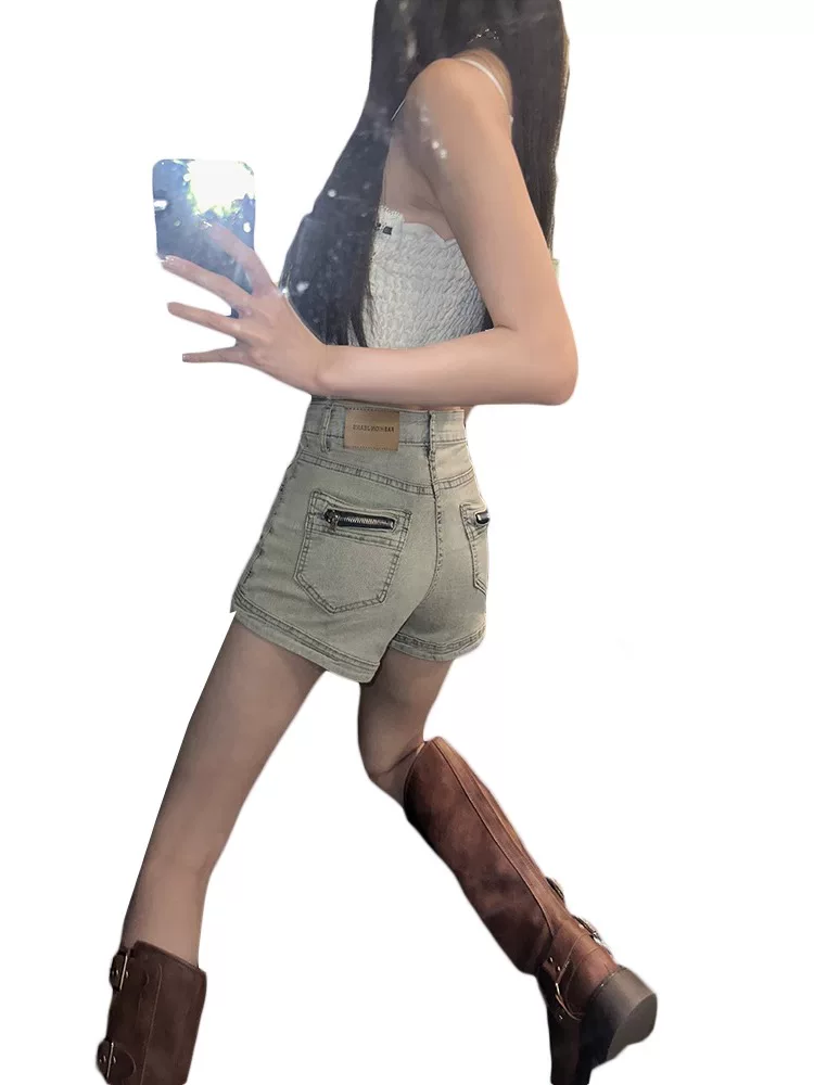 Quần short denim cổ điển kiểu Mỹ dành cho nữ, cỡ lớn mùa hè, cạp cao, che hông, co giãn, tăng chiều cao, quần chữ A giảm béo.