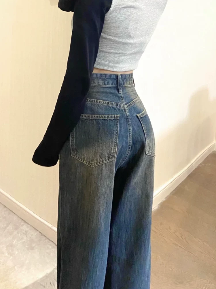 Quần jean xòe lót lông màu xanh cổ điển dành cho nữ, cỡ lớn mùa đông, cạp cao, dáng rộng, che hông, quần ống rộng giúp thon gọn