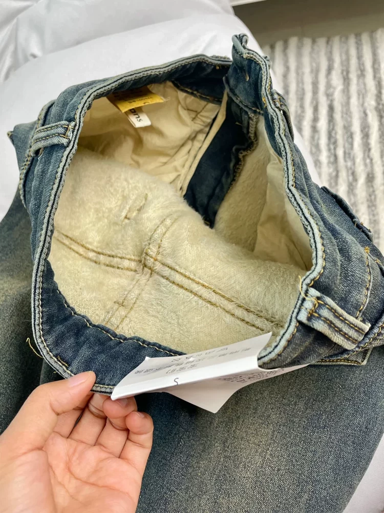 Quần jean ống loe dày lót lông cừu màu xanh cổ điển dành cho nữ, mùa thu đông, cỡ lớn, lưng cao, che hông, giảm béo, quần ống chuông kiểu móng ngựa.