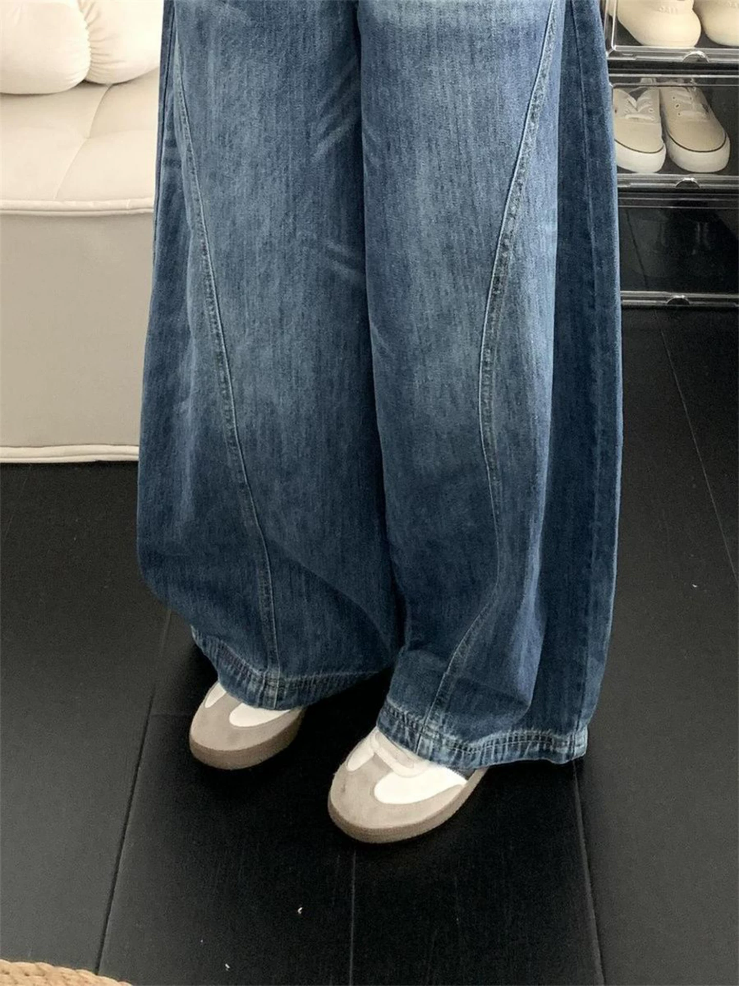 Quần jeans kiểu Mỹ cổ điển dáng rộng dành cho nữ mùa thu 2025, size lớn, cạp cao, dáng rộng, tôn dáng, dài chấm đất