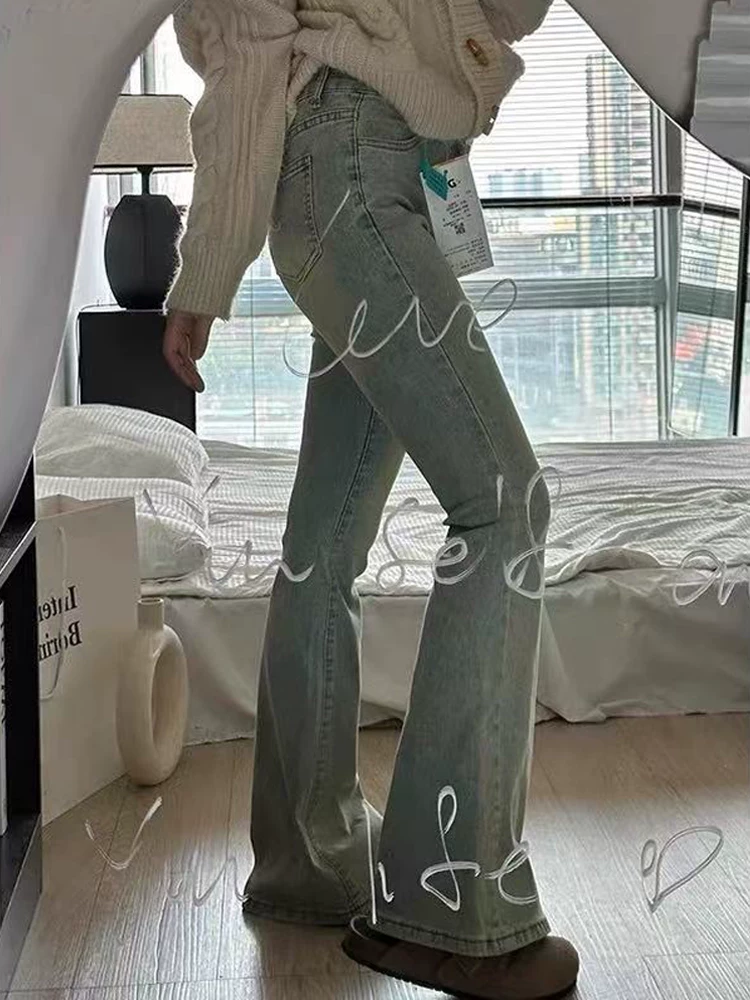 Quần jean bootcut cổ điển dành cho nữ, phong cách đầu xuân, cỡ lớn, lưng cao, co giãn, giảm béo, dáng quả lê, quần ống loe hình móng ngựa