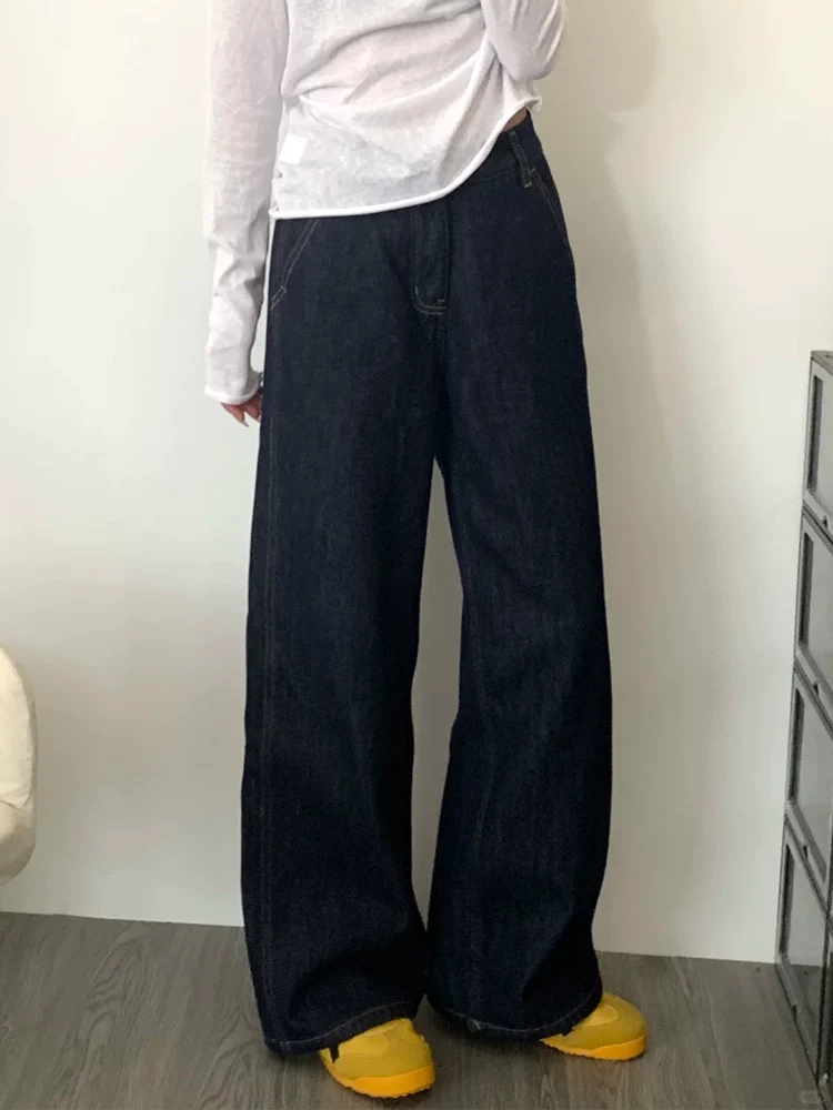 Quần jean ống đứng màu xanh đậm dành cho nữ, mùa thu đông, cỡ lớn, lót lông cừu, dày dặn, cạp cao, che hông, giảm béo, quần ống rộng.