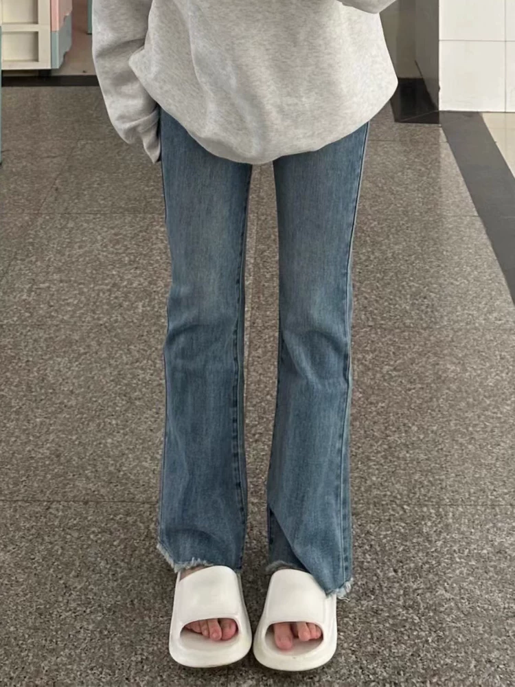 Quần jeans ống đứng xòe dành cho nữ, thu đông 2024, size nhỏ, size lớn, cạp cao, co giãn, che hông, quần bootcut tôn dáng