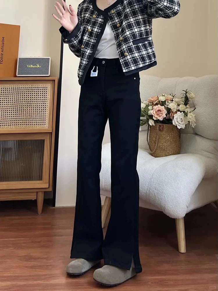 Quần jean đen ống đứng loe dành cho nữ, mùa đông, cỡ lớn, cạp cao, che hông, co giãn, dáng quả lê, quần ống chuông lót lông cừu