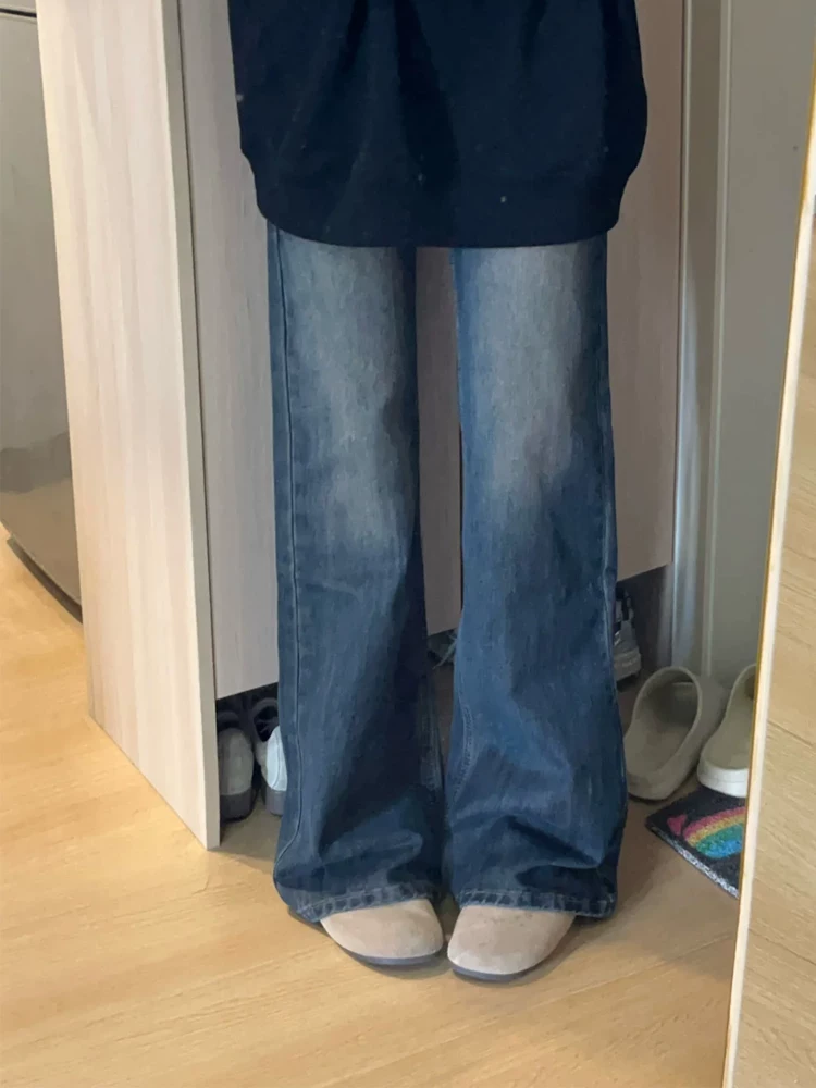 Quần jean ống rộng màu xám xanh dành cho nữ, kiểu dáng mùa thu mới, cỡ lớn, lưng cao, dáng rộng, tôn dáng, quần jean dài chấm đất.