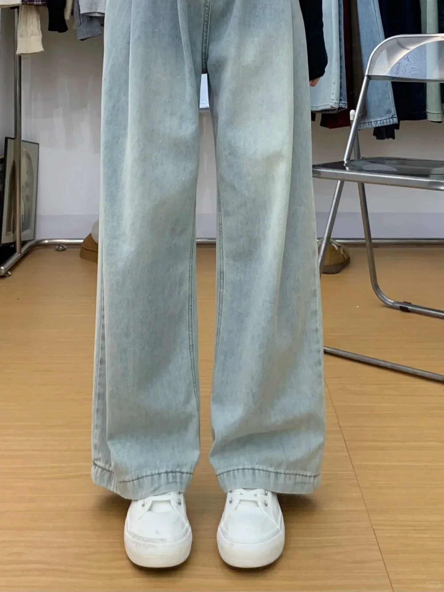 Quần jean ống thẳng màu sáng cho nữ, phong cách đầu thu, cỡ lớn, lưng cao, dáng rộng, che hông, giảm béo, dáng quả lê, quần ống rộng