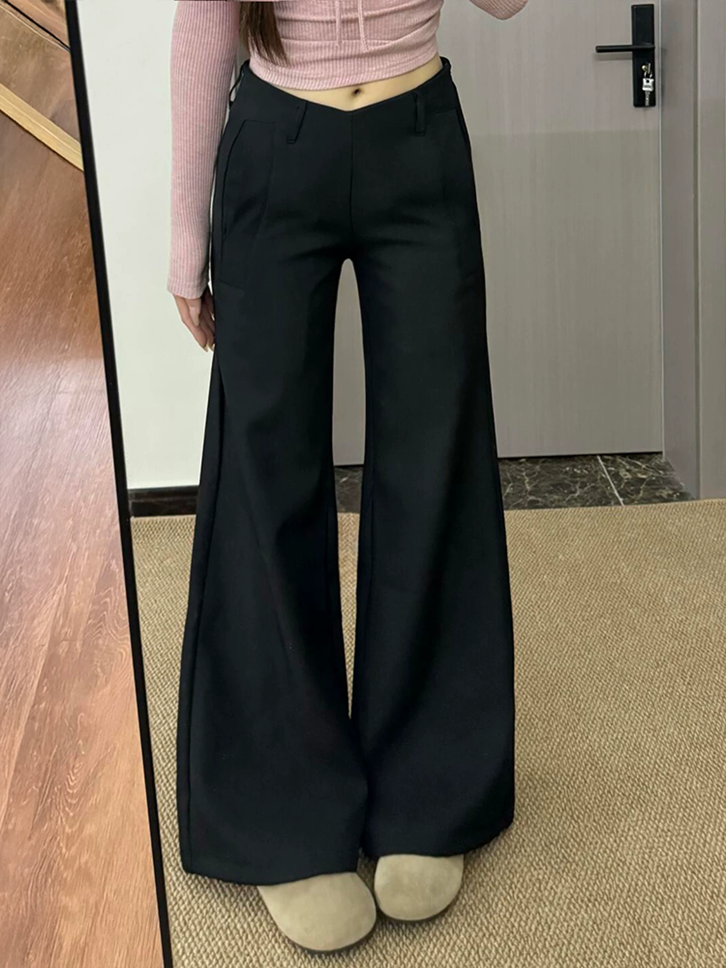 Quần tây dáng chuông màu đen dành cho nữ, size lớn mùa hè, cạp cao mùa thu sớm, quần suông tôn dáng