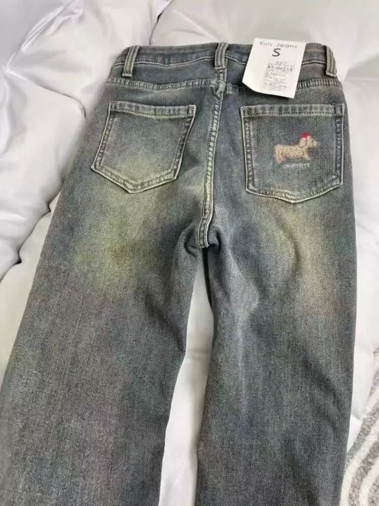 Quần jean ống loe lót lông cừu thêu Dachshund dành cho nữ, mùa thu đông, cỡ lớn, lưng cao, co giãn, che hông, quần ống loe giảm béo