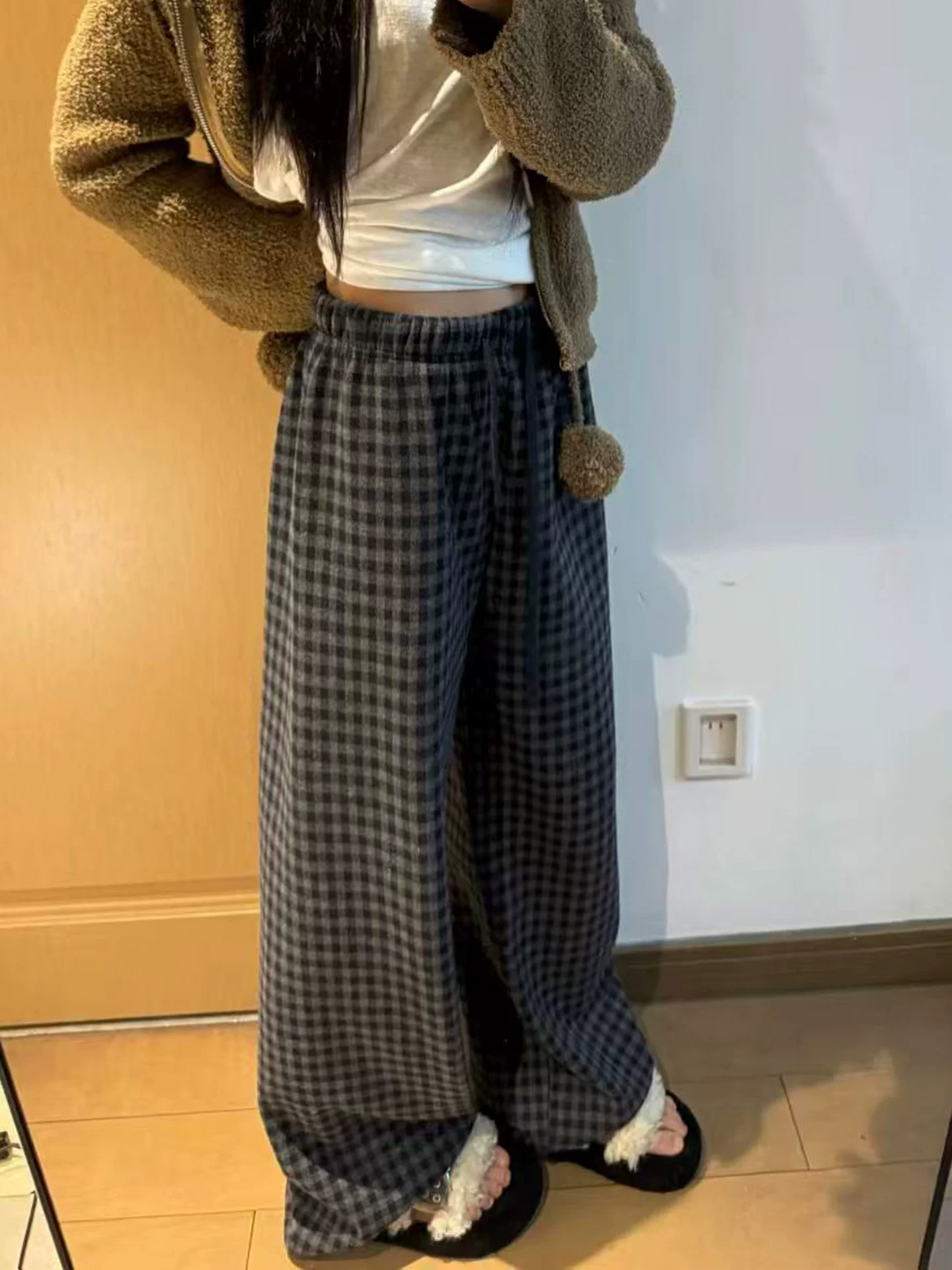 Quần kẻ sọc len lười biếng kiểu cổ điển dành cho nữ vào mùa thu đông, cỡ lớn, eo cao, dáng rộng, tạo cảm giác thon gọn, quần ống rộng thẳng