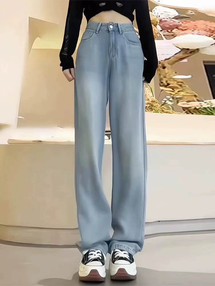 Quần jean ống đứng chất liệu lụa đá dành cho nữ, size lớn, mùa hè mỏng nhẹ, cạp cao, dáng rộng, tôn dáng, chất liệu Tencel, quần ống rộng