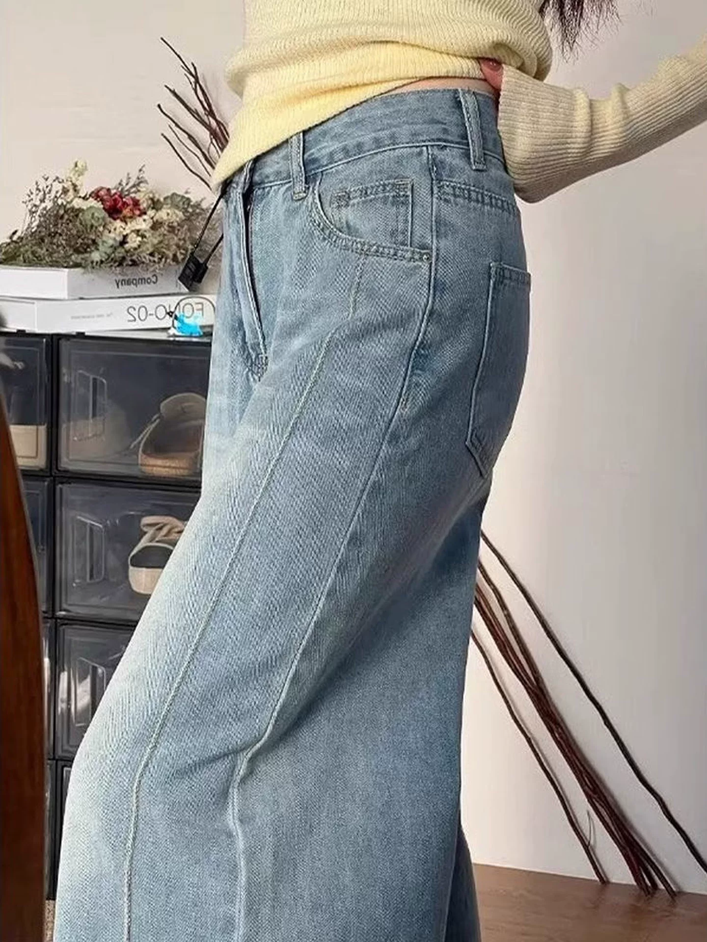 Quần jean ống rộng cổ điển dành cho nữ, phong cách mùa thu, cỡ lớn, lưng cao, dáng rộng, tôn dáng, dành cho người có dáng quả lê, ống thẳng, quần dài chạm sàn