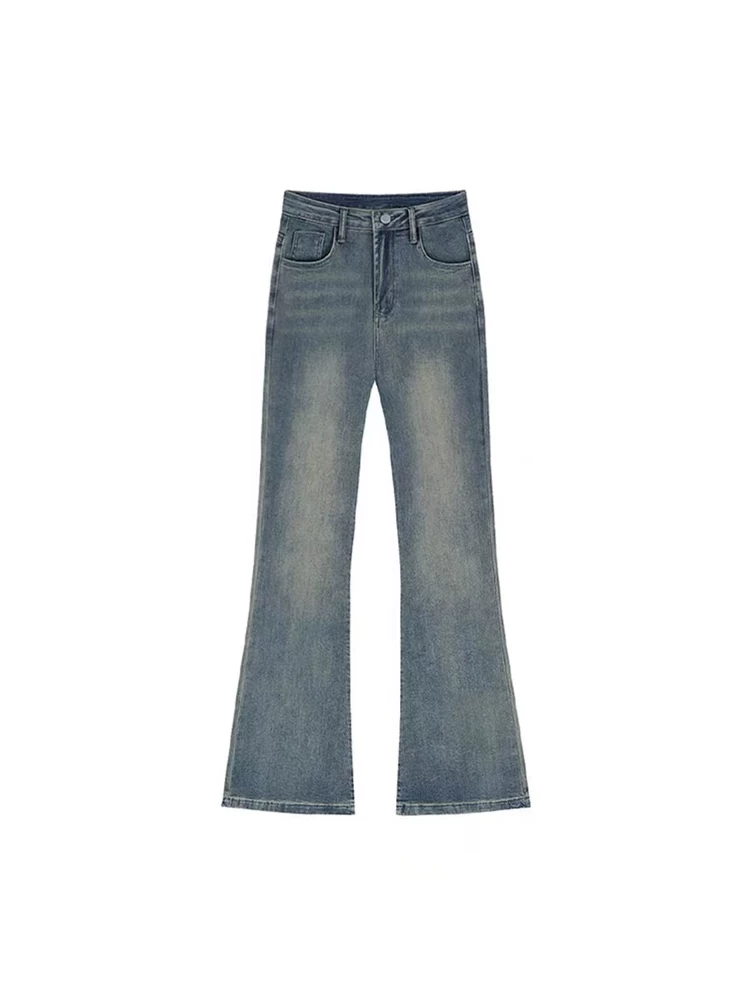 Quần jean xanh vintage dáng loe nữ, kiểu mới xuân 2025, size lớn, cạp cao, co giãn, che hông, quần ống loe tôn dáng.