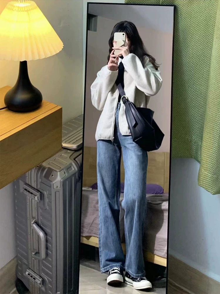 Quần jean dáng lê dành cho nữ, phong cách thu đông, lót lông cừu, cỡ lớn, lưng cao, dáng rộng, tôn dáng, ống thẳng, quần dài ống rộng.