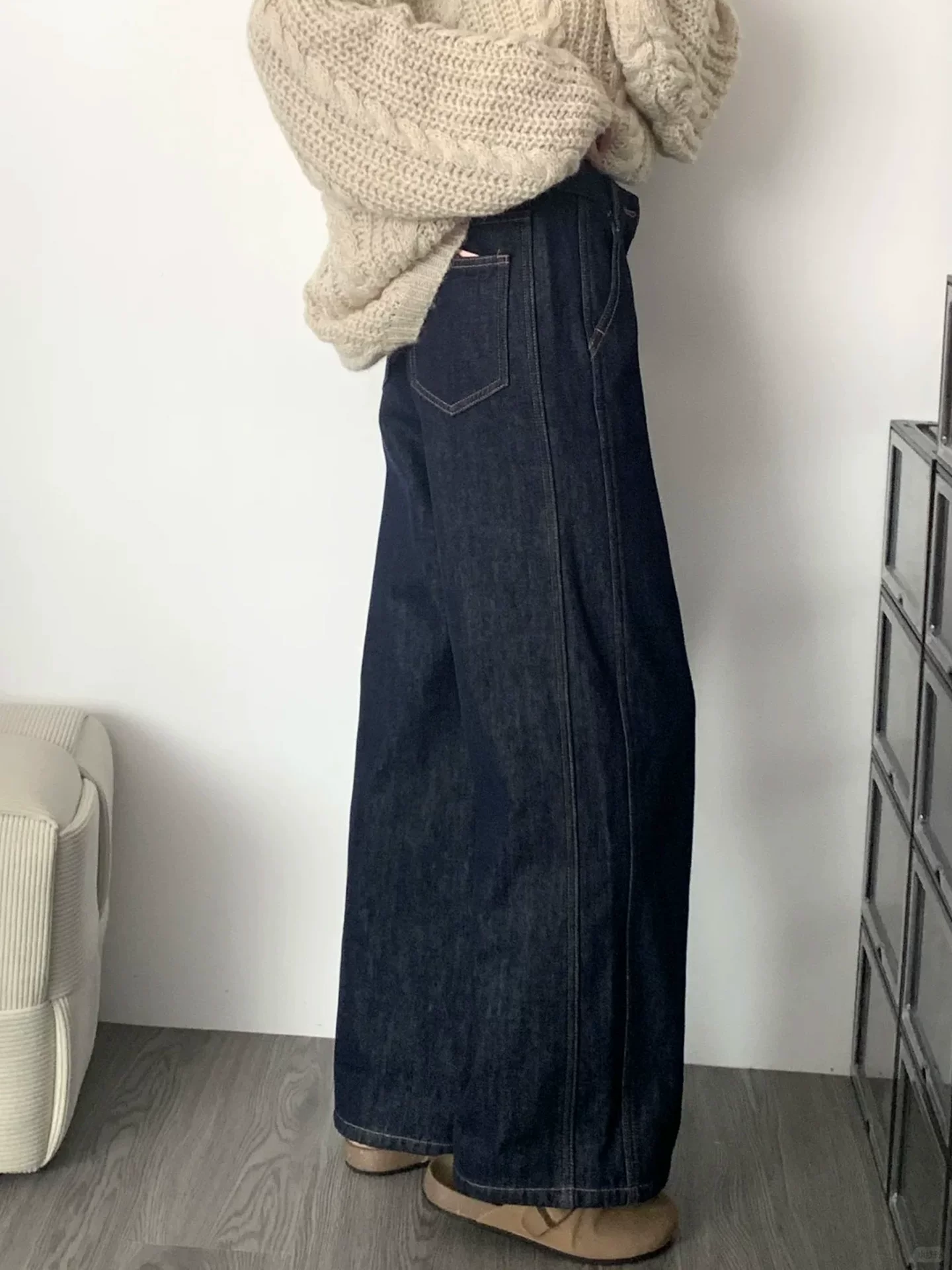 Quần jean ống rộng màu xanh đậm dành cho nữ, phong cách thu đông, lót lông cừu, cỡ lớn, lưng cao, dáng rộng, giảm béo, quần ống thẳng dày.