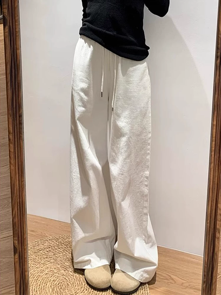 Quần ống rộng màu trắng dành cho nữ, mùa xuân hè, cỡ lớn, lưng cao, dáng rộng, giảm béo, dáng quả lê, quần ống thẳng, dài đến sàn