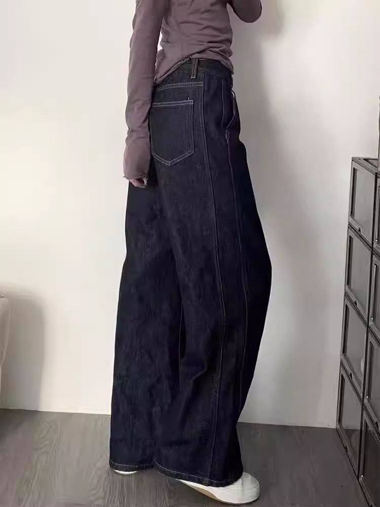 Quần jean ống thẳng dày lót lông màu xanh đậm dành cho nữ, mùa thu đông, cỡ lớn, lưng cao, dáng rộng, dáng suông, quần ống rộng hẹp.