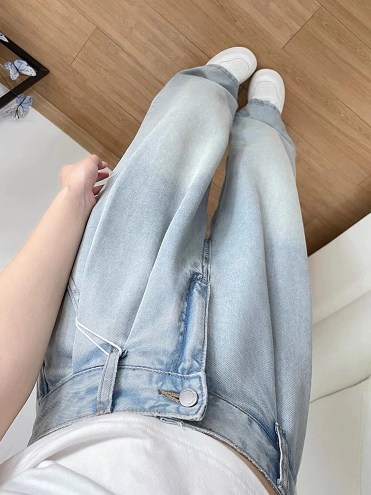 Quần jean ống đứng bằng vải lụa băng dành cho nữ, kiểu dáng mỏng mùa hè, cỡ lớn, lưng cao, mềm mại, tôn dáng, quần dài rộng ống Tencel