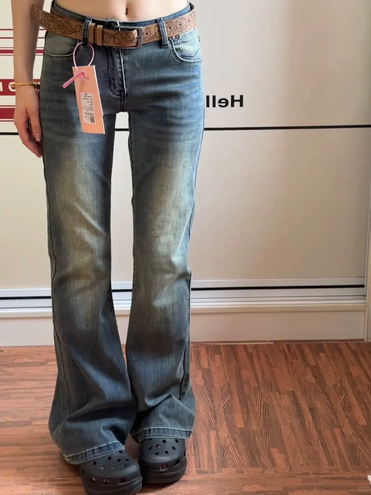 Quần jean ống loe dáng thẳng cổ điển dành cho nữ, đầu thu, size lớn, cạp cao, co giãn, che hông, dáng nhỏ nhắn, tôn dáng, quần ống loe