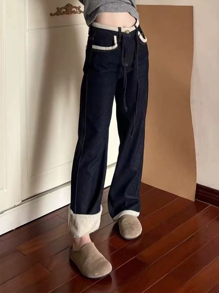 Quần jean dày lót lông màu xanh đậm dành cho nữ, kiểu dáng thu đông mới, cỡ lớn, lưng cao, dáng rộng, dáng suông, quần ống rộng hẹp.