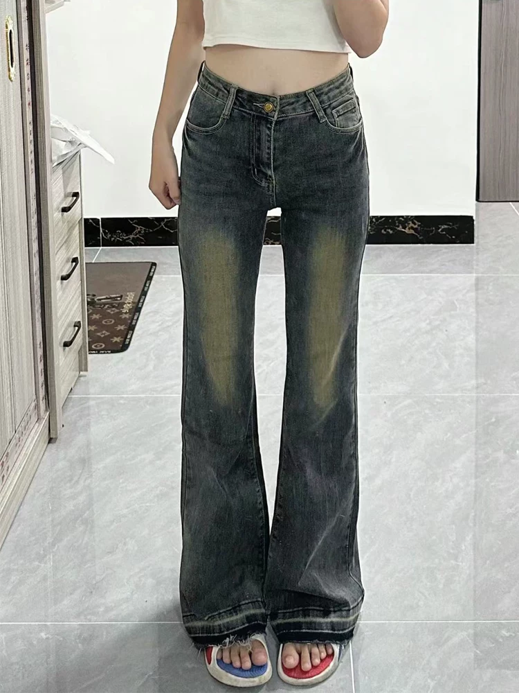 Quần jean dáng loe kiểu Mỹ cổ điển dành cho nữ, size lớn mùa thu, kiểu dáng thời trang, cạp cao, che hông, quần ống chuông tôn dáng.