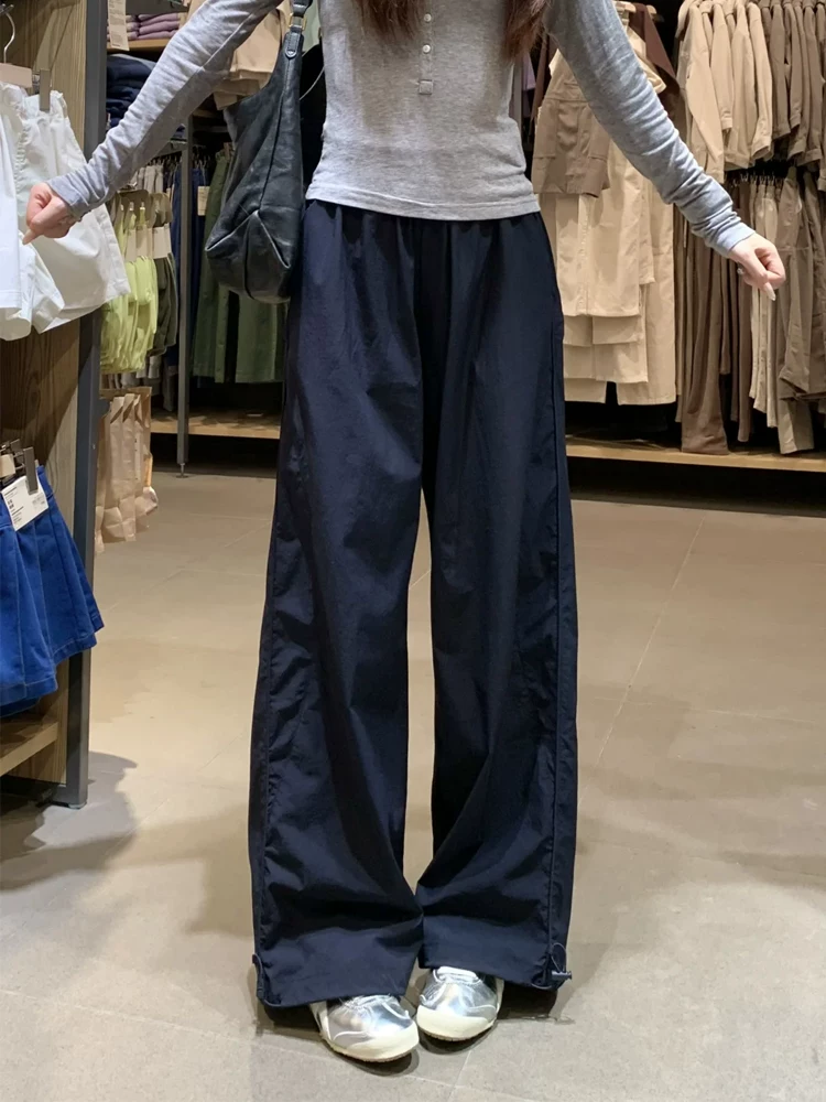 Quần cargo màu xanh hải quân dành cho nữ, phong cách mùa hè mới, cỡ lớn, lưng cao, dáng rộng, tôn dáng, dáng quả lê, quần ống rộng thông thường