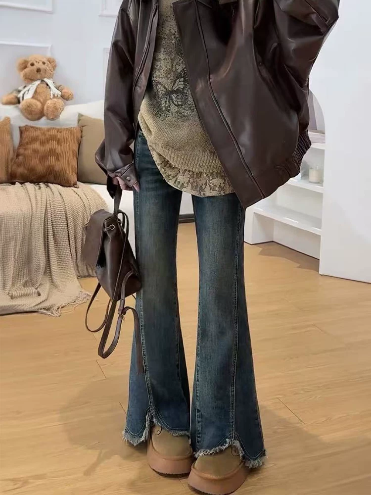 Quần jean xẻ tà dành cho nữ, mùa thu đông, lót lông cừu, cỡ lớn, lưng cao, co giãn, thon gọn, dáng quả lê, quần ống loe