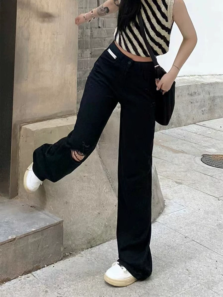 Quần jean rách Tencel màu đen dành cho nữ, kiểu dáng mỏng mùa hè, cỡ lớn, lưng cao, dáng rộng, mềm mại, tôn dáng, quần ống rộng chất liệu lụa đá.