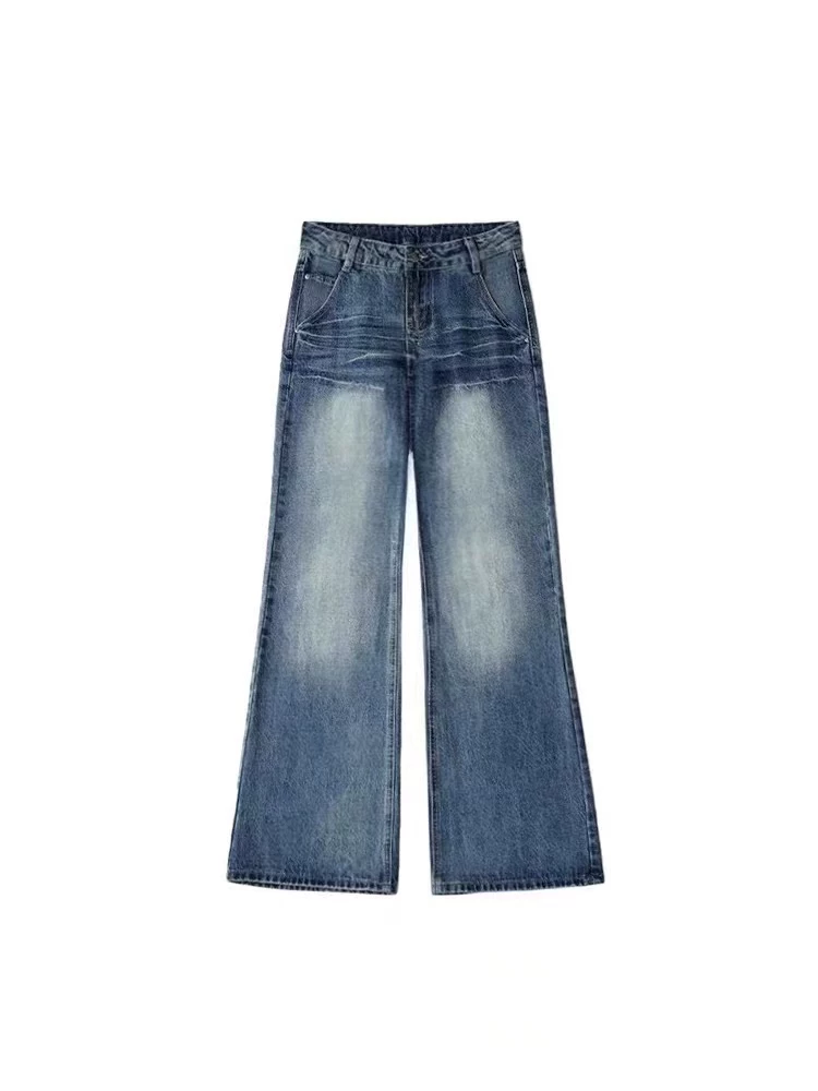 Quần jeans ống loe dáng thẳng kiểu Mỹ cổ điển dành cho nữ, thu đông 2024, size lớn, cạp cao, rộng rãi, tôn dáng