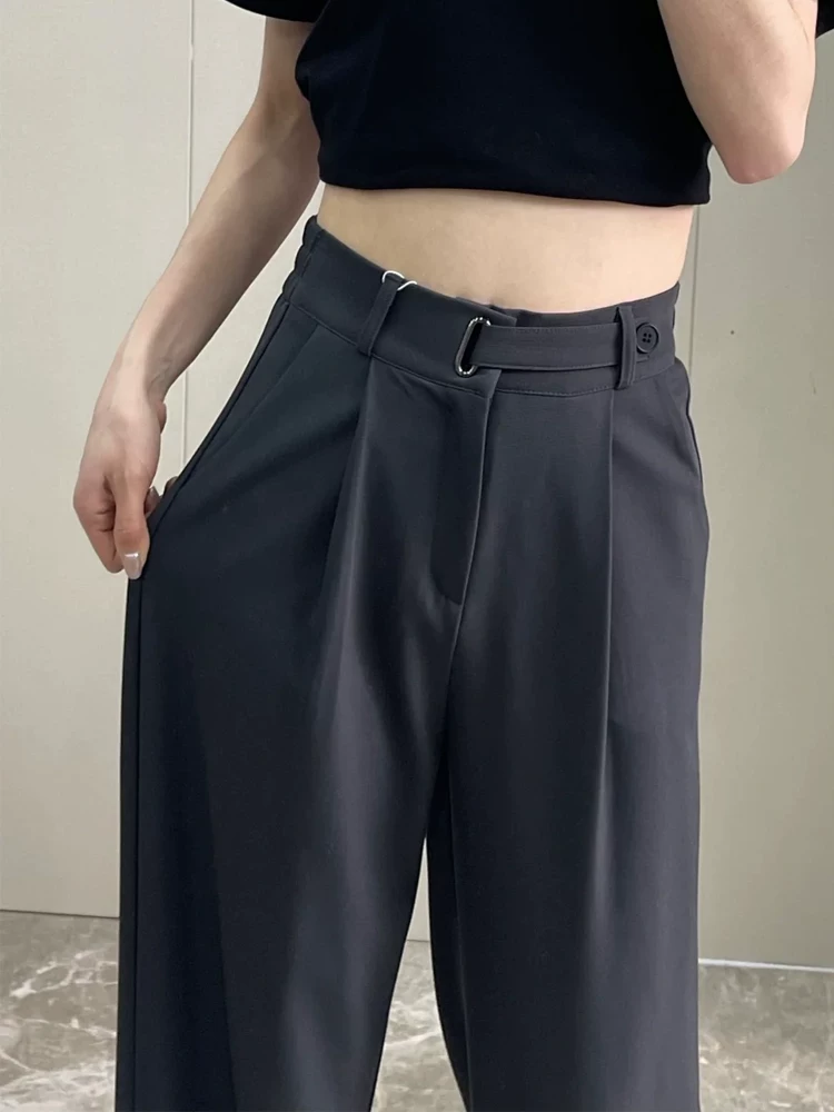 Quần âu màu xám nữ xuân 2025, size lớn, cạp cao, dáng rộng, tôn dáng, dành cho người có thân hình quả lê, phong cách thường ngày