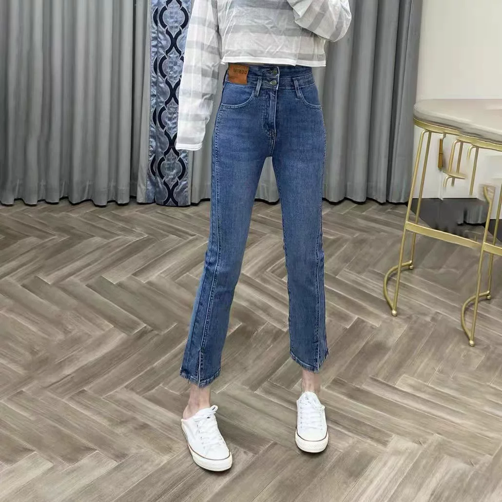 Quần jean ống đứng cho nữ, đầu thu, cỡ lớn, lưng cao, co giãn, quần xẻ tà, che hông, giảm béo, quần lửng, hợp thời trang.