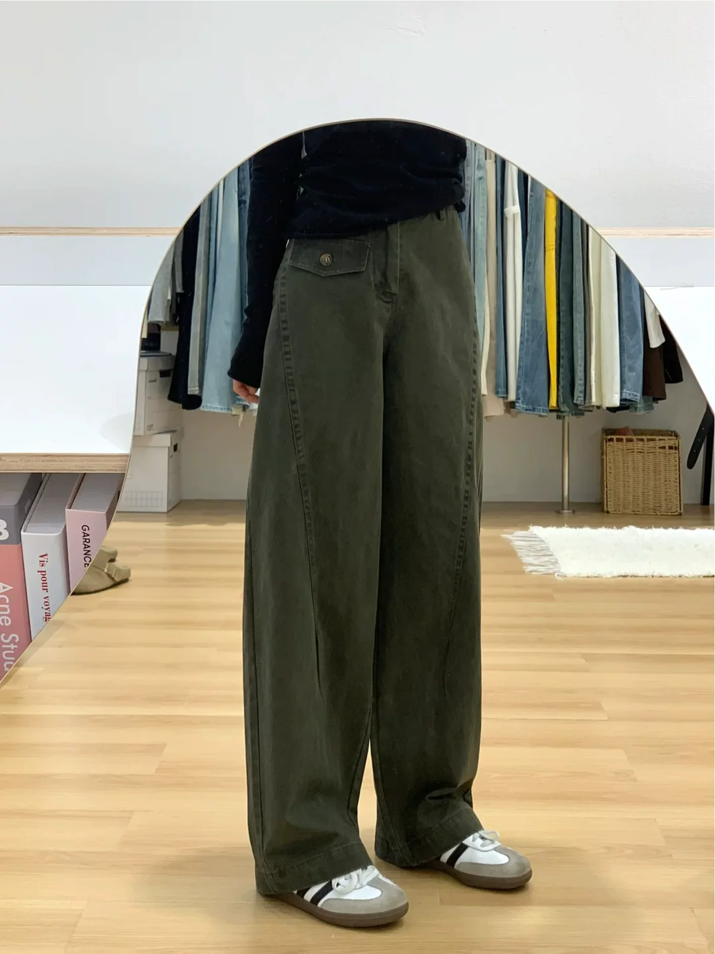 Quần scimitar cổ điển kiểu Mỹ dành cho nữ, quần cargo màu xanh quân đội, cỡ lớn mùa thu, quần cạp cao, dáng rộng, quần ống rộng giúp giảm béo.