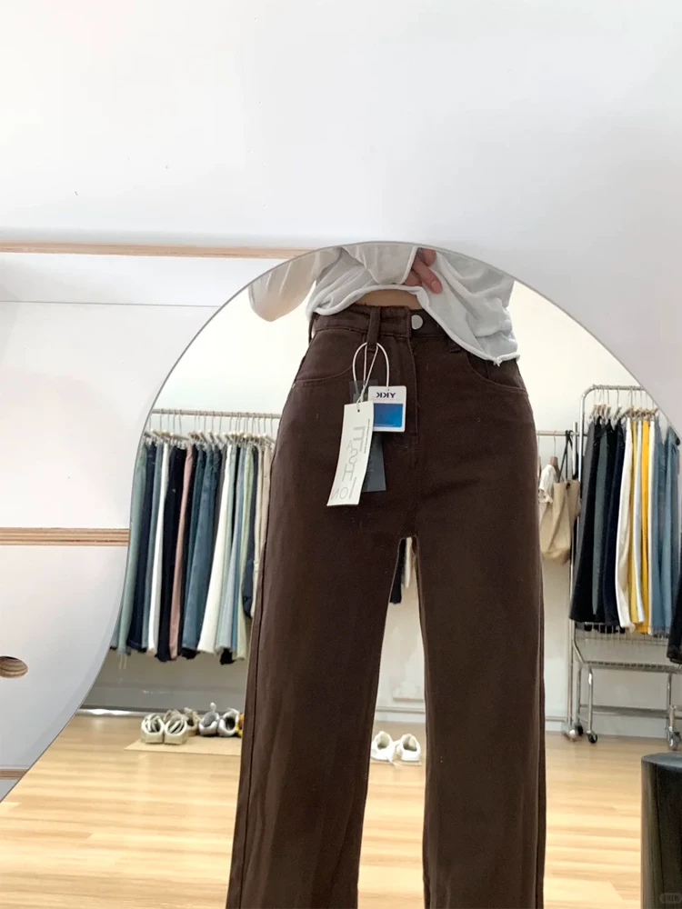 Quần jean nữ màu cà phê, dáng thẳng ôm dáng, kiểu mới xuân 2025, size lớn, cạp cao, che hông, quần ống rộng tôn dáng