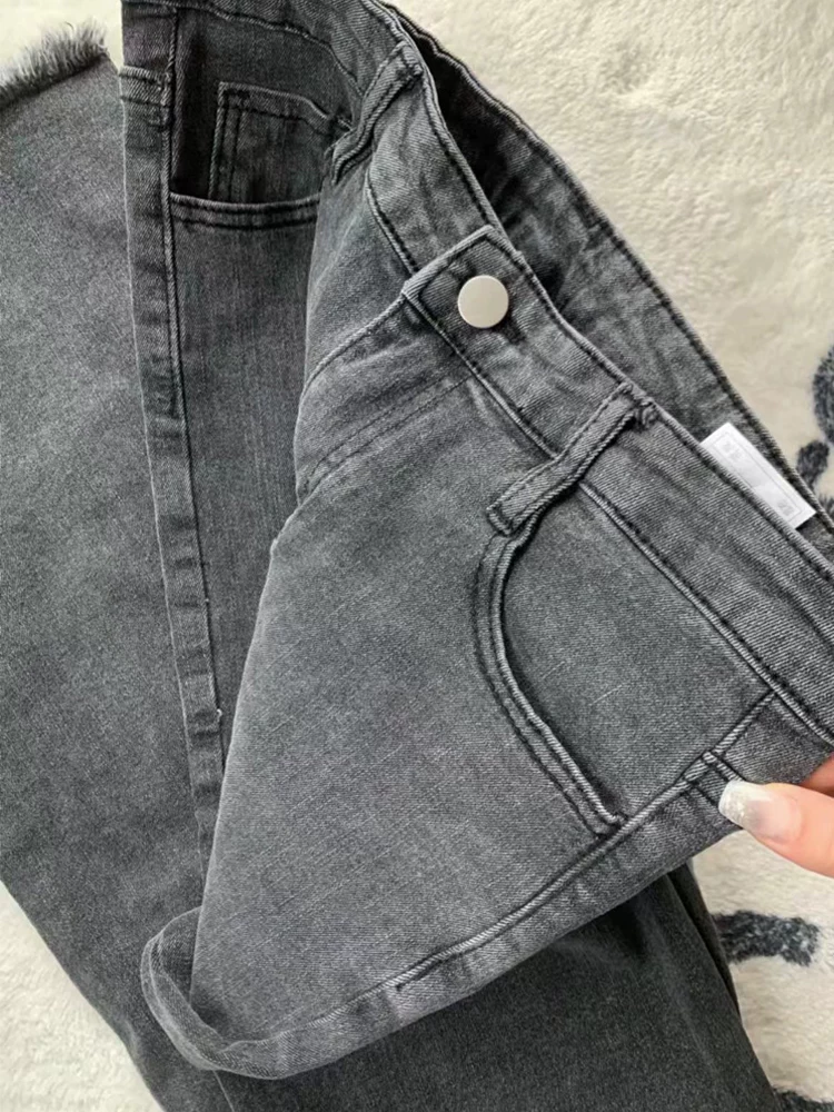 Quần jean ống loe màu đen và xám dành cho nữ, mặc đầu thu, cỡ lớn, lưng cao, co giãn, che hông, giảm béo, quần ống loe viền xù.