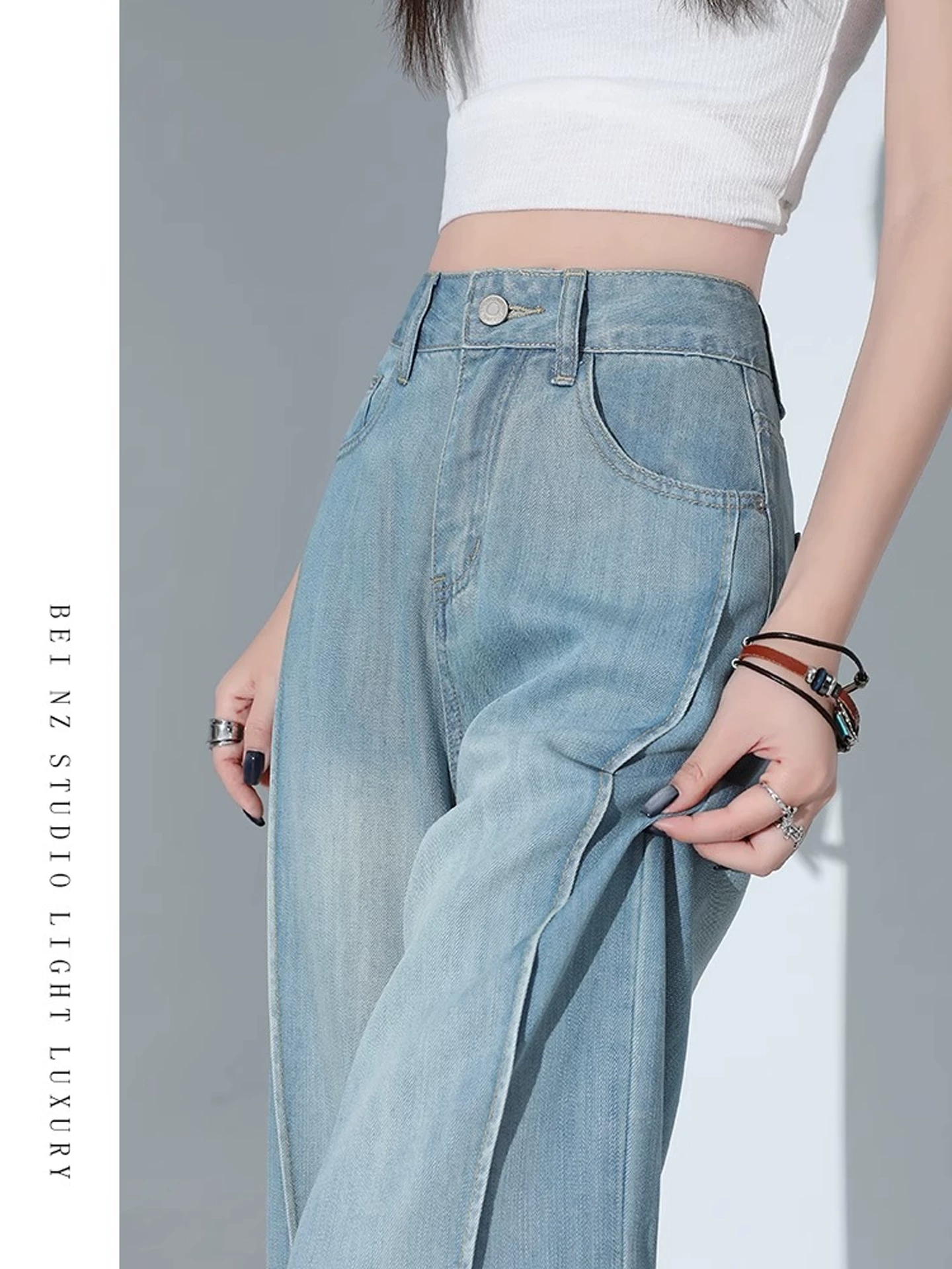 Quần jean Tencel màu xanh nhạt dành cho nữ, kiểu dáng mỏng mùa hè, cỡ lớn, lưng cao, giảm béo, nhỏ nhắn, quần ống rộng bằng lụa băng.