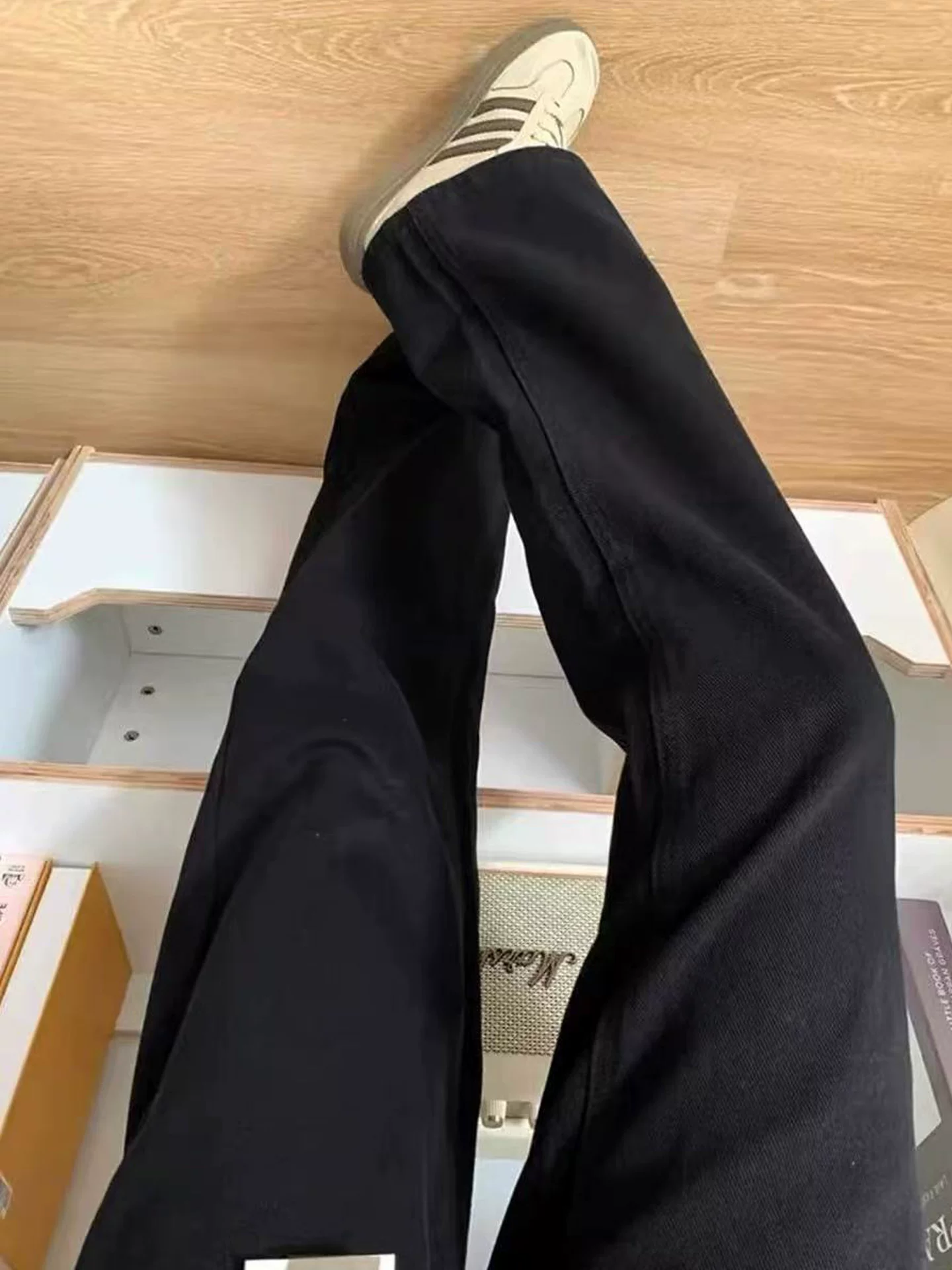 Quần jean đen dày có lót lông cừu dành cho nữ, cỡ lớn mùa đông, lưng cao, co giãn, giảm béo, ống rộng, quần dài đến sàn