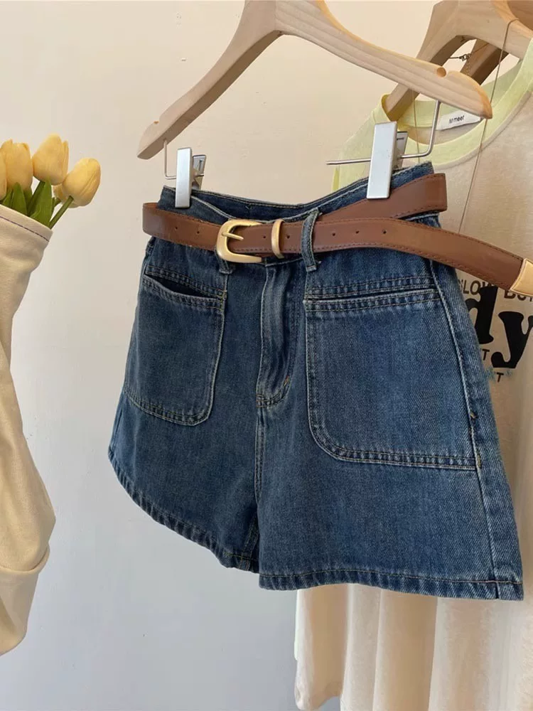 Quần short denim màu xanh cổ điển hình quả lê dành cho nữ, cỡ lớn mùa hè, nhỏ nhắn, lưng cao, quần ống rộng chữ A tôn dáng