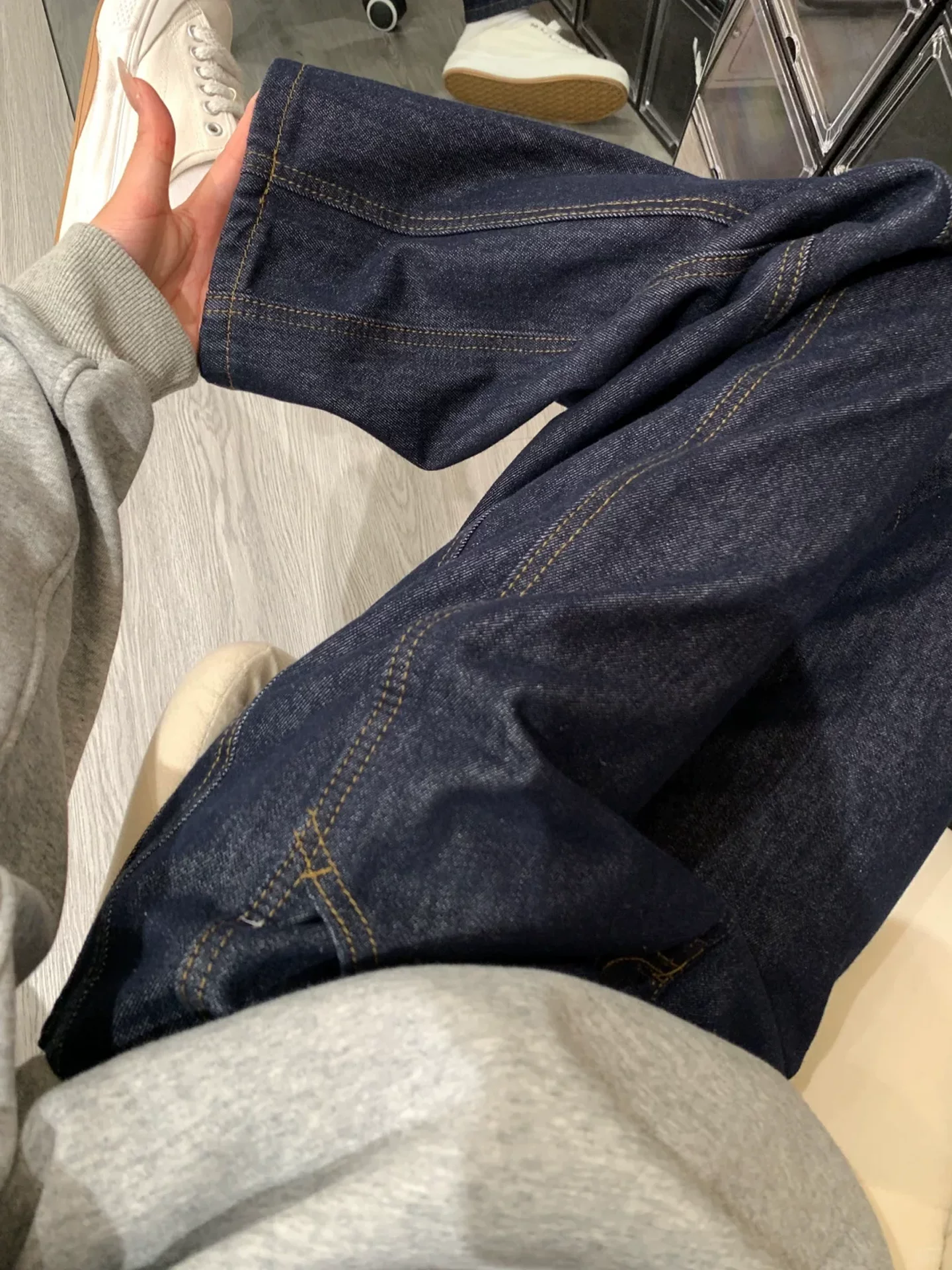 Quần jean ống đứng dày lót lông cừu dành cho nữ, cỡ lớn mùa đông, lưng cao, dáng rộng, thon gọn, dáng quả lê, quần ống rộng