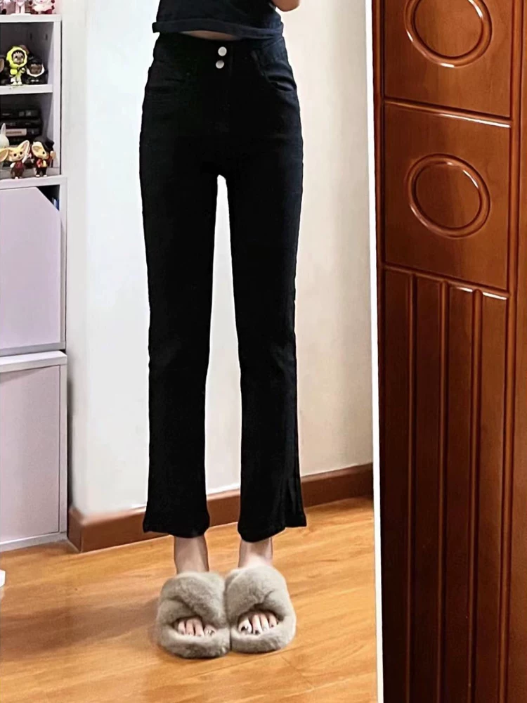 Quần jean ống đứng dáng lê dành cho nữ, size lớn mùa đông, lót lông cừu, cạp cao, che hông, tôn dáng, quần ống đứng co giãn