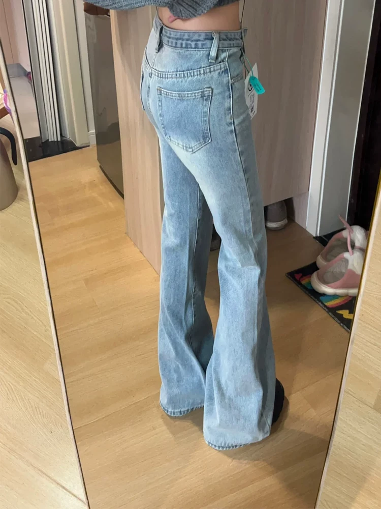 Quần jeans nữ màu sáng, kiểu dáng mới thu đông 2025, size lớn, cạp cao, rộng rãi, tôn dáng, ống rộng, dài chạm sàn