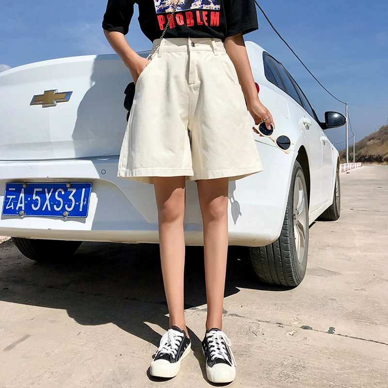Quần short denim trắng dáng quả lê dành cho nữ, size lớn mùa hè, cạp cao, dáng rộng, tôn dáng, quần ống rộng dáng chữ A năm điểm