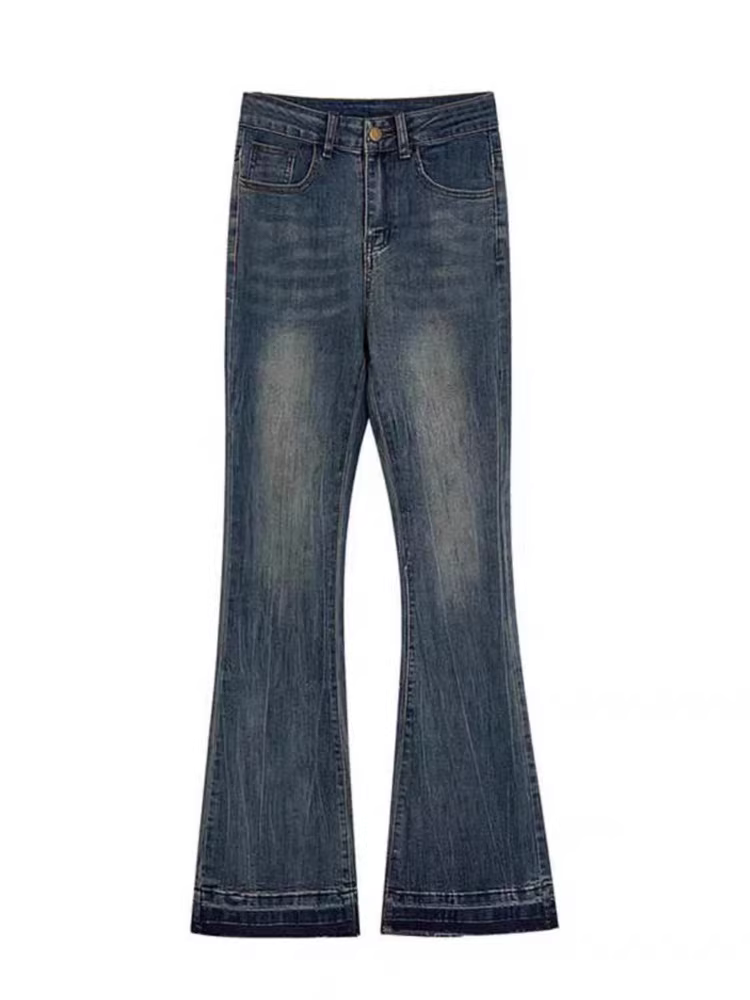 Quần jeans loe nữ không bó sát chân, thu đông 2024, size lớn, cạp cao, che hông, tôn dáng, dành cho người có thân hình quả lê, quần ống chuông