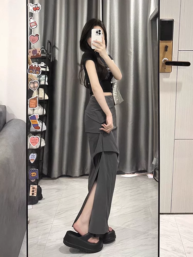 Váy công sở màu xám dành cho nữ, kiểu dáng mỏng mùa hè, cỡ lớn, lưng cao, xẻ tà, che bụng, giảm béo, váy bút chì dài vừa phải.