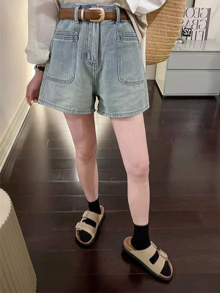 Quần short denim dáng chữ A dành cho nữ, size lớn mùa hè, cạp cao, che hông, giảm béo, dáng nhỏ nhắn, quần ống rộng