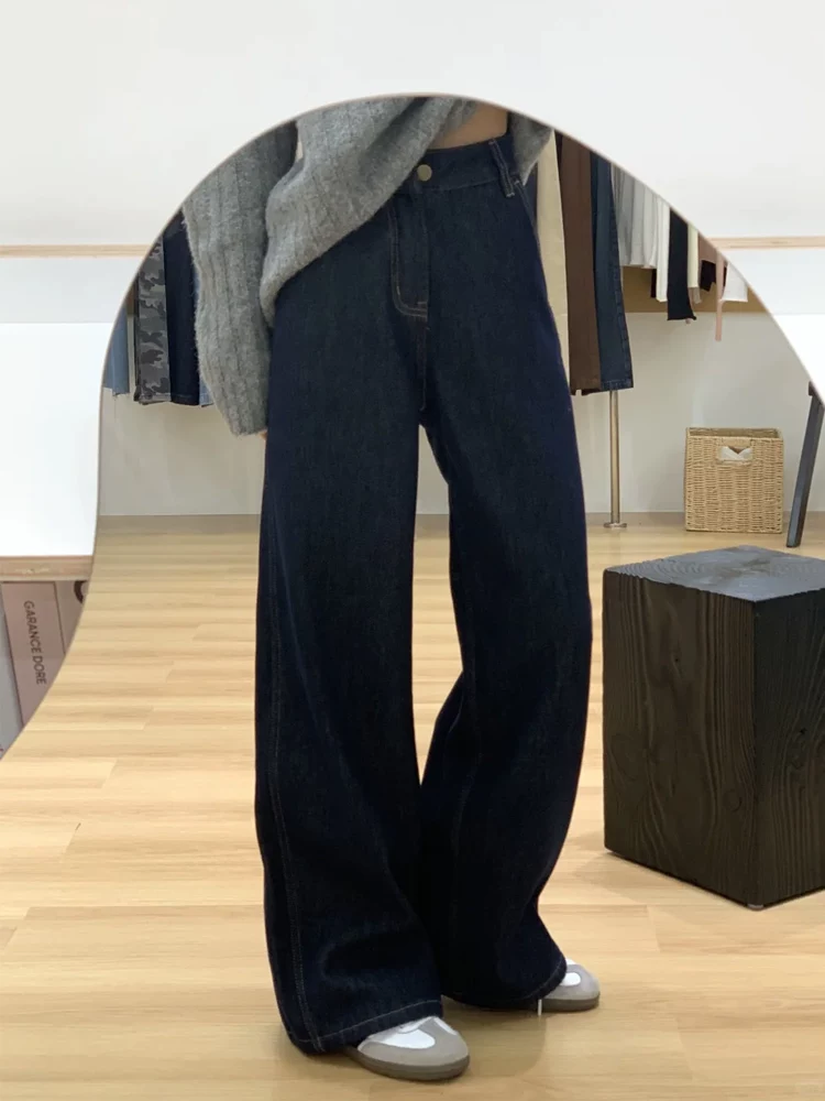 Quần jean ống đứng màu xanh đậm dành cho nữ, mùa thu đông, cỡ lớn, lót lông cừu, dày dặn, cạp cao, che hông, giảm béo, quần ống rộng hẹp.