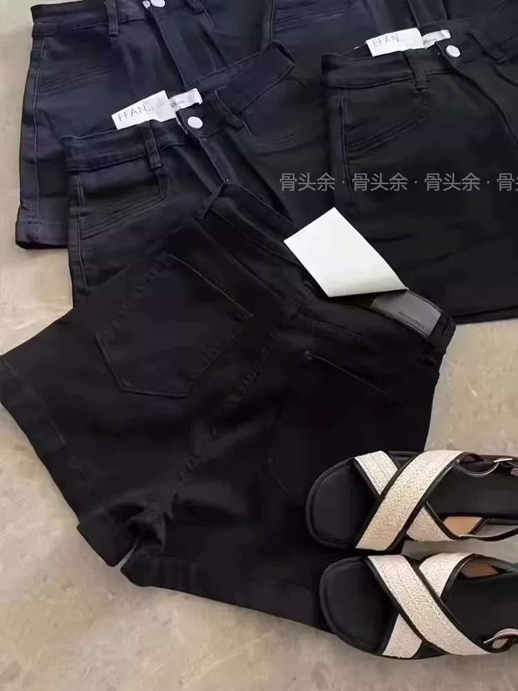 Quần short denim đen dáng quả lê dành cho nữ, size lớn mùa hè, lưng cao, co giãn, che hông, quần ống rộng chữ A tôn dáng