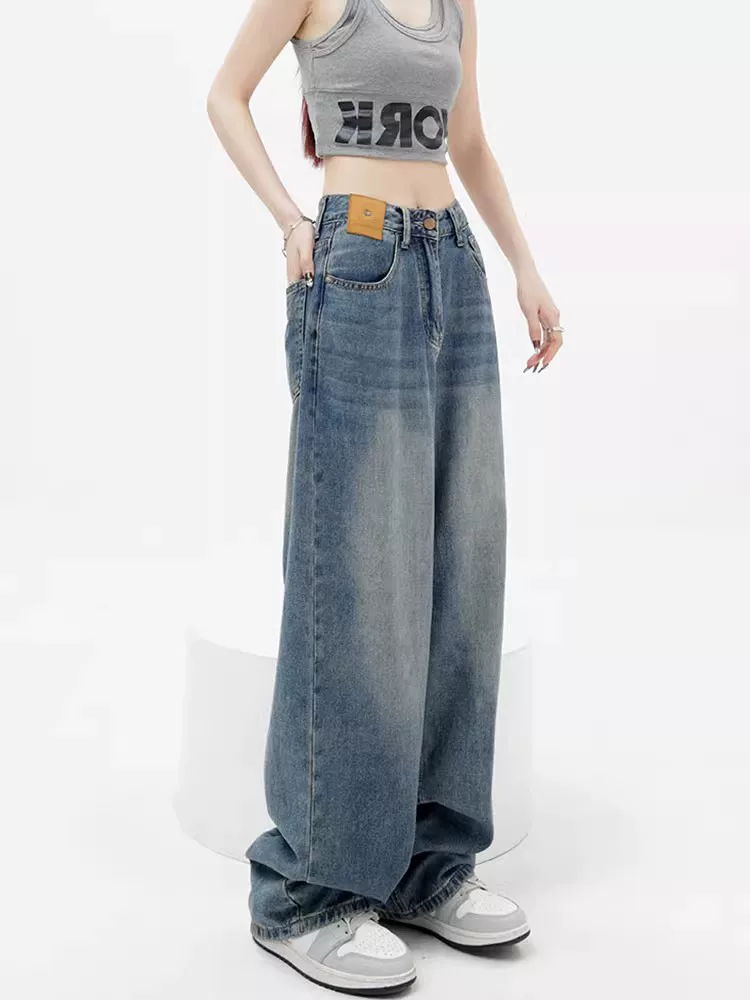 Quần jean ống thẳng dáng quả lê dành cho nữ, cỡ lớn, phong cách đầu thu, lưng cao, dáng rộng, dáng suông, quần dài rộng, dài đến sàn