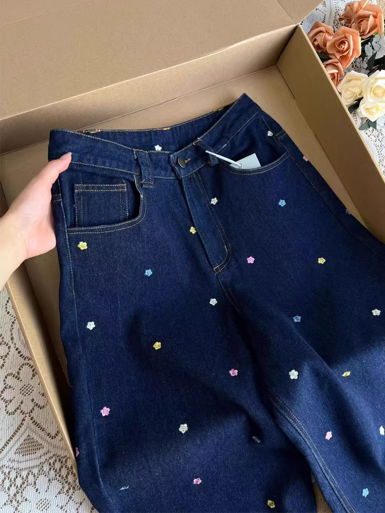 Quần jean ống đứng thêu hoa cổ điển kiểu Mỹ dành cho nữ, cỡ lớn mùa thu, cạp cao, dáng rộng, quần ống rộng giúp giảm béo