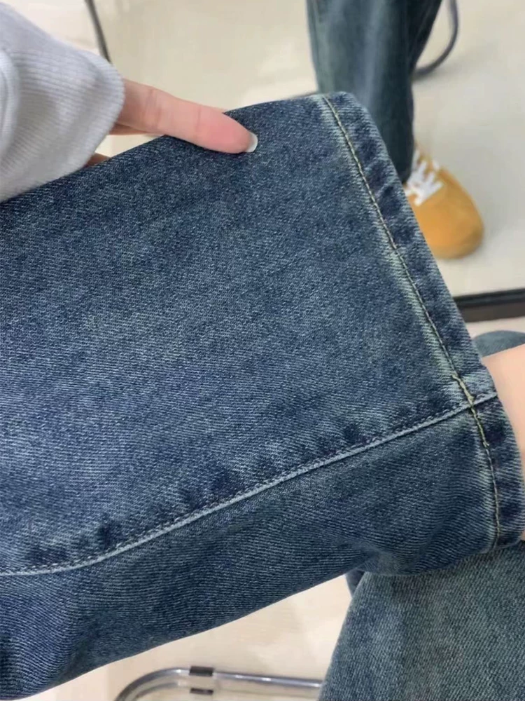 Quần jean ống rộng màu xanh cổ điển dành cho nữ, phong cách mùa thu mới, cỡ lớn, lưng cao, dáng rộng, giảm béo, dáng quả lê, quần ống thẳng
